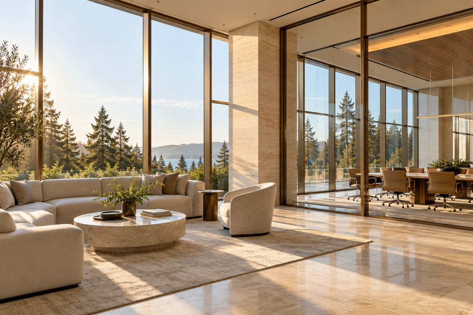 Sunlight filling a modern glass office with views of trees